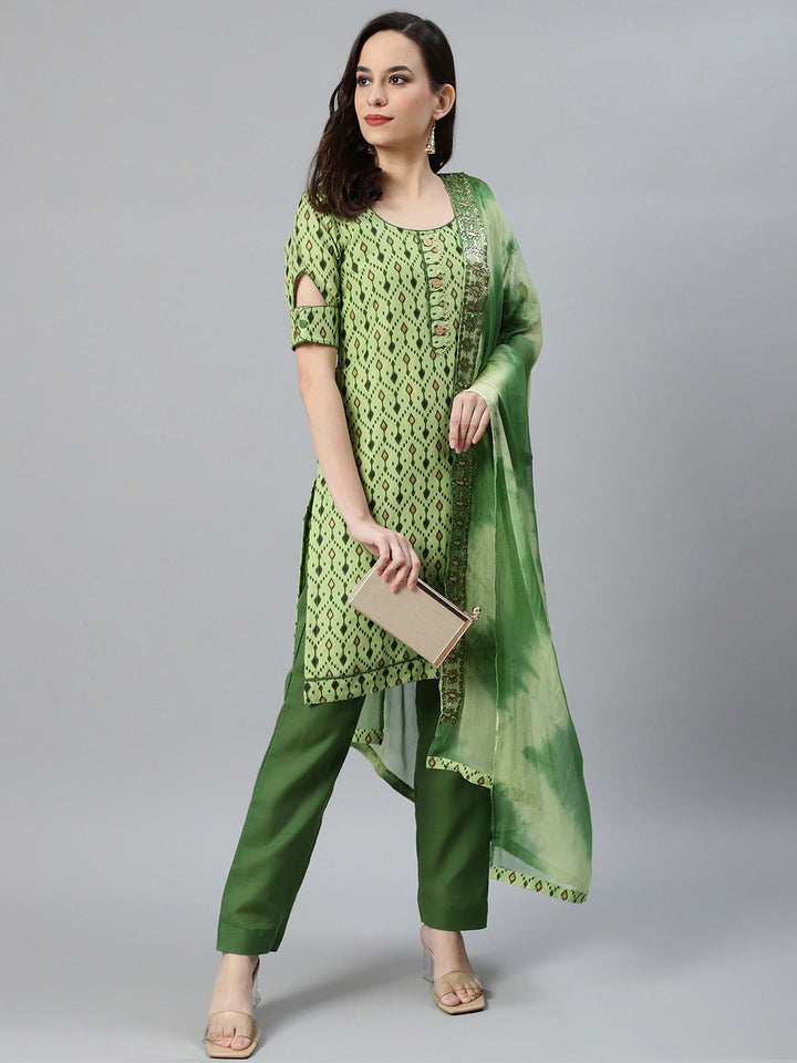 Ikat Inspired Cotton Stitched Kurta Pants Set With Chiffon Gotta Patti Dupatta