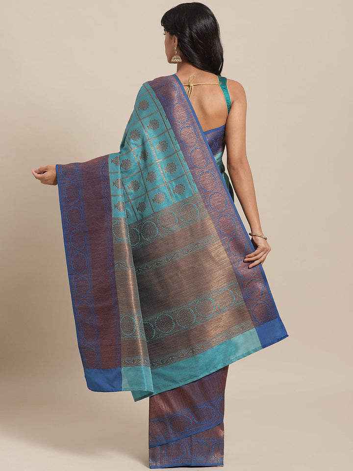 Traditional Checked Banarasi Jute Silk Saree with Oxidised Zari and contrast border