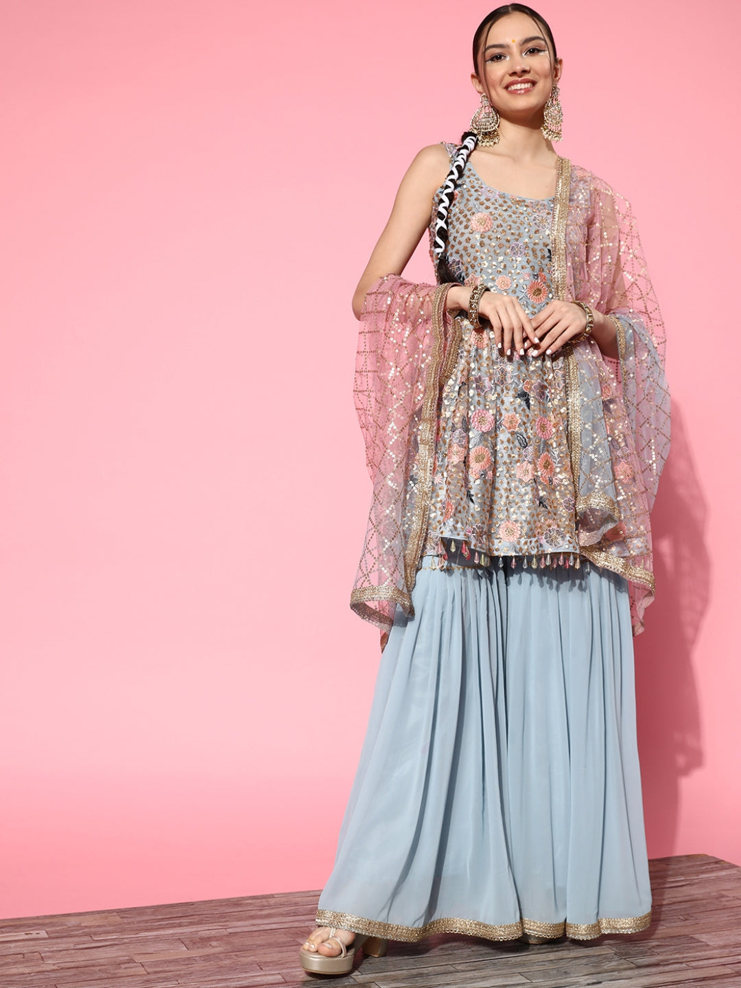 Sequins & Resham Floral Embroidered Peplum Sharara Set