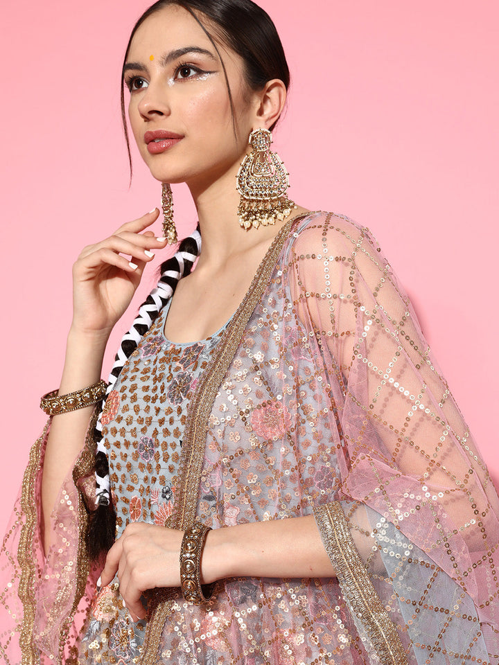 Sequins & Resham Floral Embroidered Peplum Sharara Set