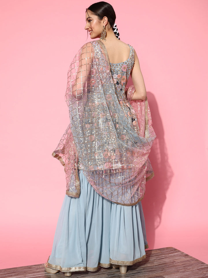 Sequins & Resham Floral Embroidered Peplum Sharara Set