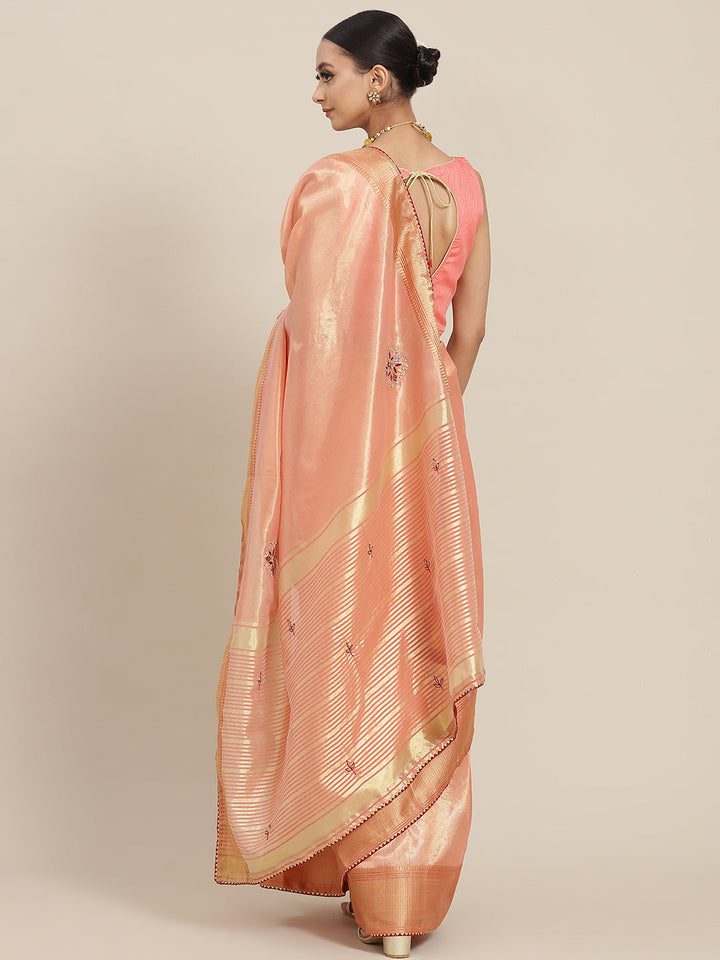 Peach Crystal Embellished Chanderi Silk Saree with Zari Embroidery