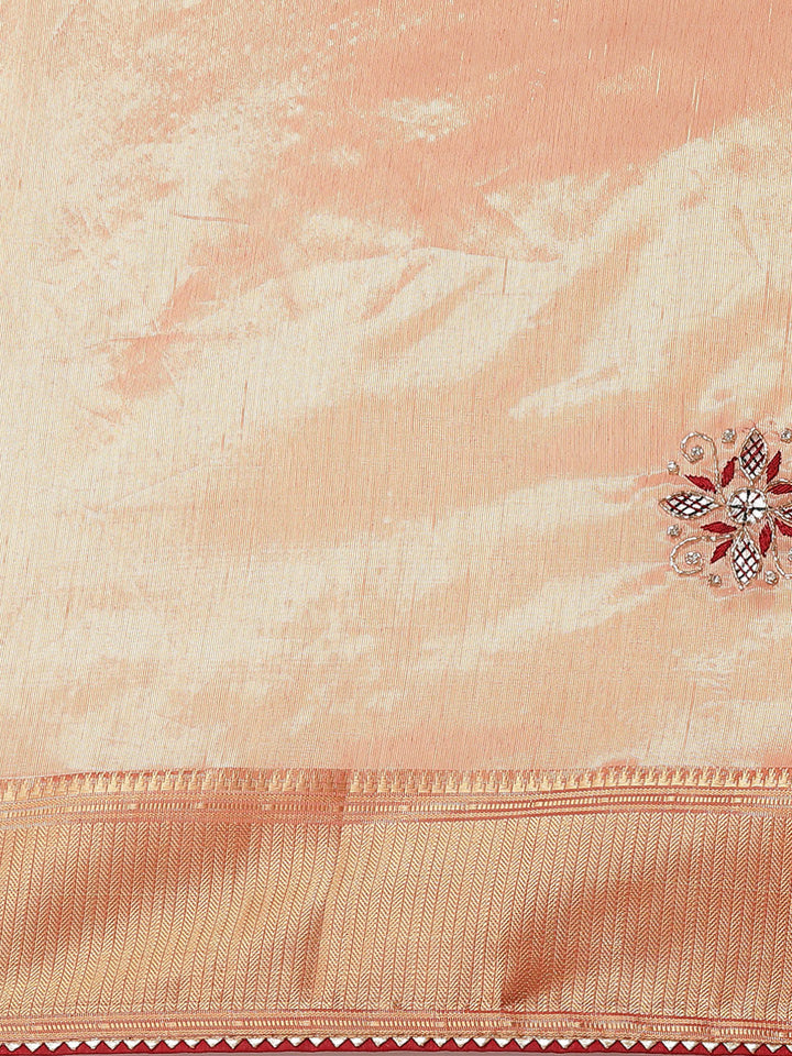 Peach Crystal Embellished Chanderi Silk Saree with Zari Embroidery