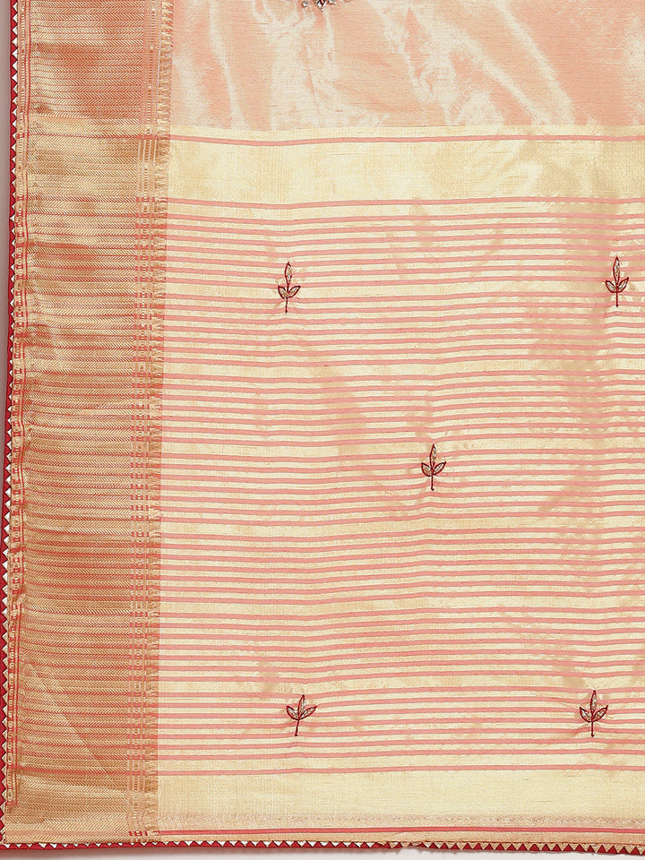Peach Crystal Embellished Chanderi Silk Saree with Zari Embroidery