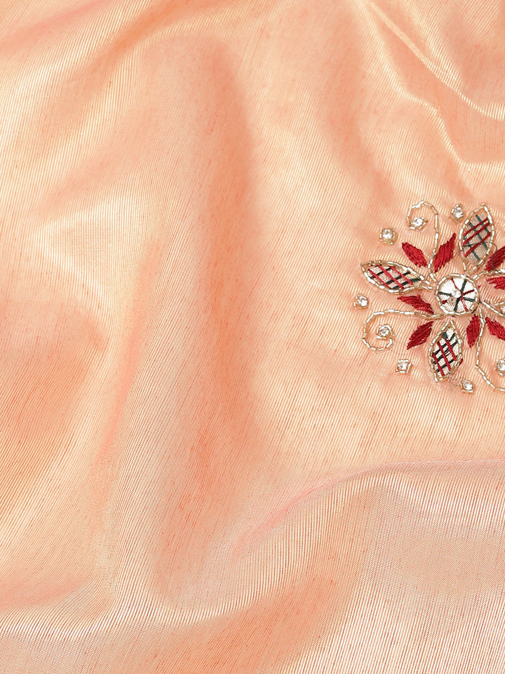 Peach Crystal Embellished Chanderi Silk Saree with Zari Embroidery