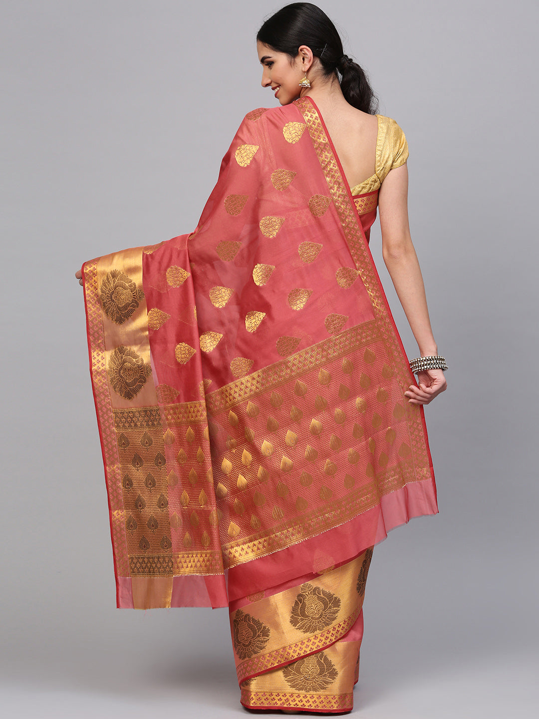 Pink Chanderi Silk Banarasi saree with Handloom Zari ethnic motifs