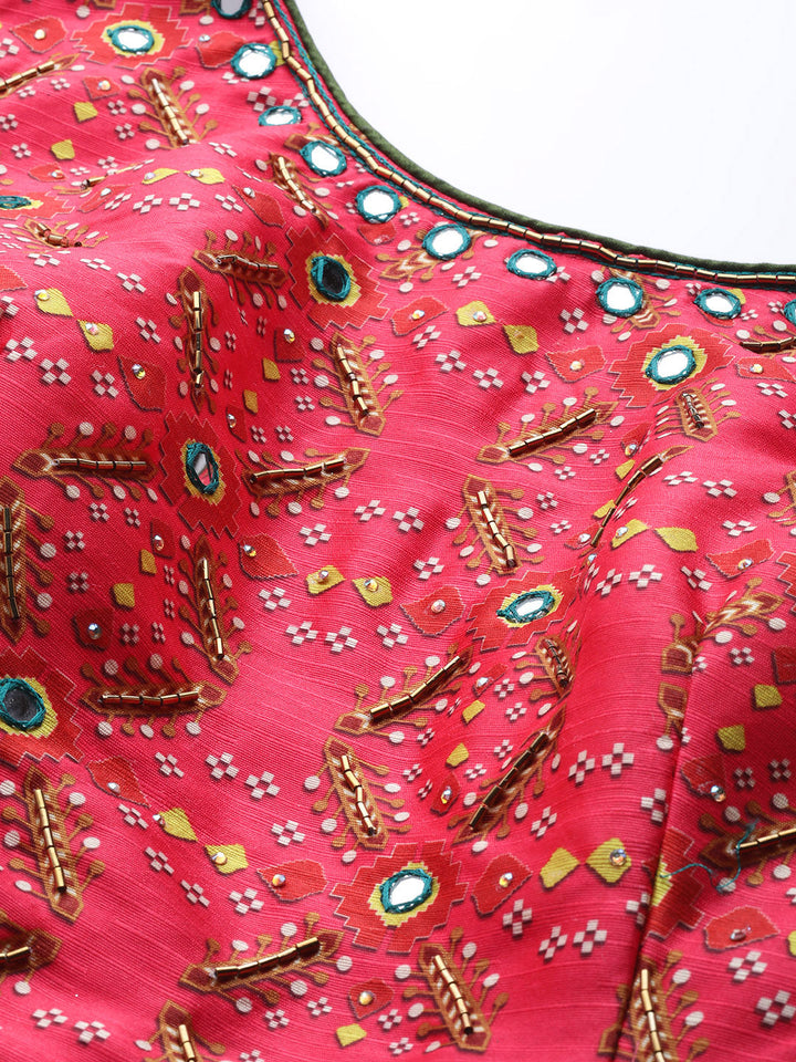 Digital Printed Mirror Embellished Pleated Sleeves Gown