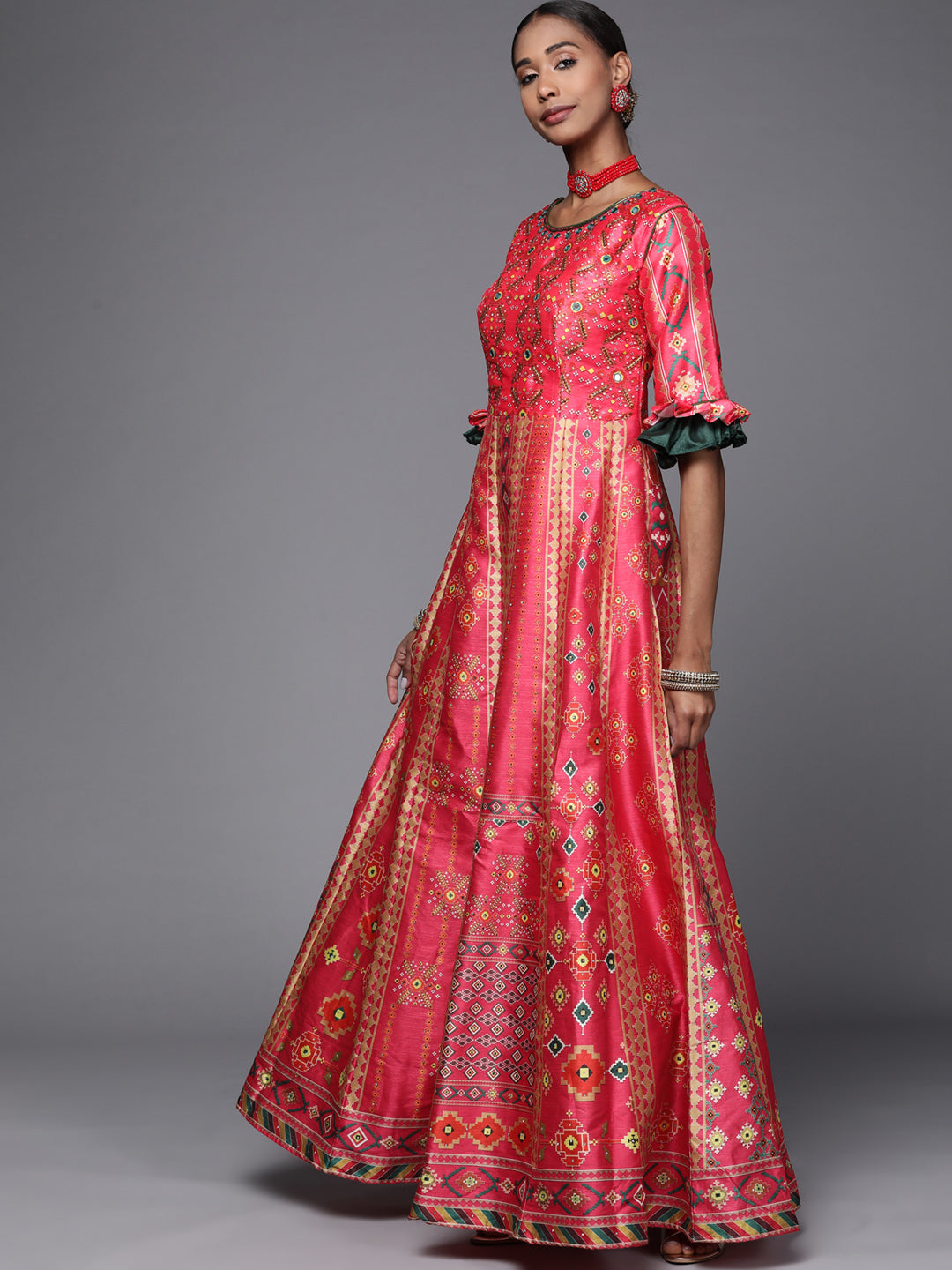 Digital Printed Mirror Embellished Pleated Sleeves Gown