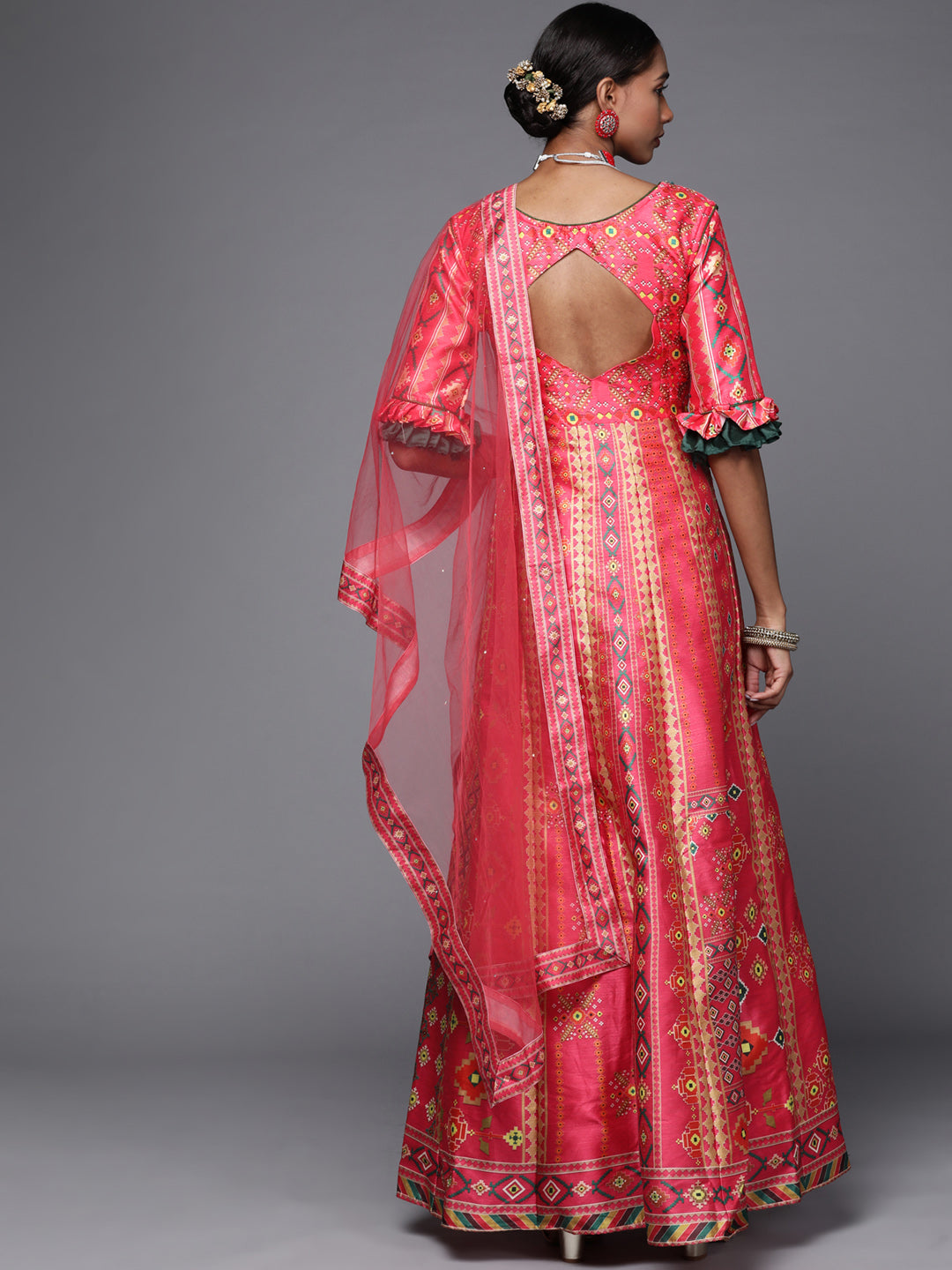 Digital Printed Mirror Embellished Pleated Sleeves Gown