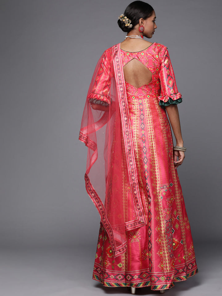 Digital Printed Mirror Embellished Pleated Sleeves Gown
