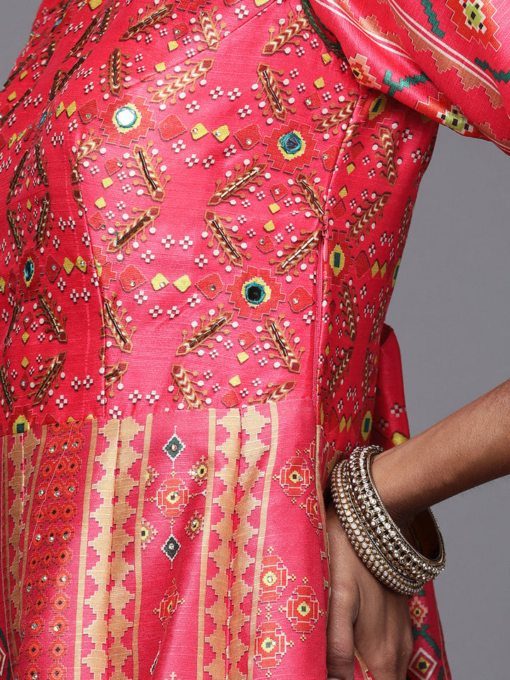 Digital Printed Mirror Embellished Pleated Sleeves Gown
