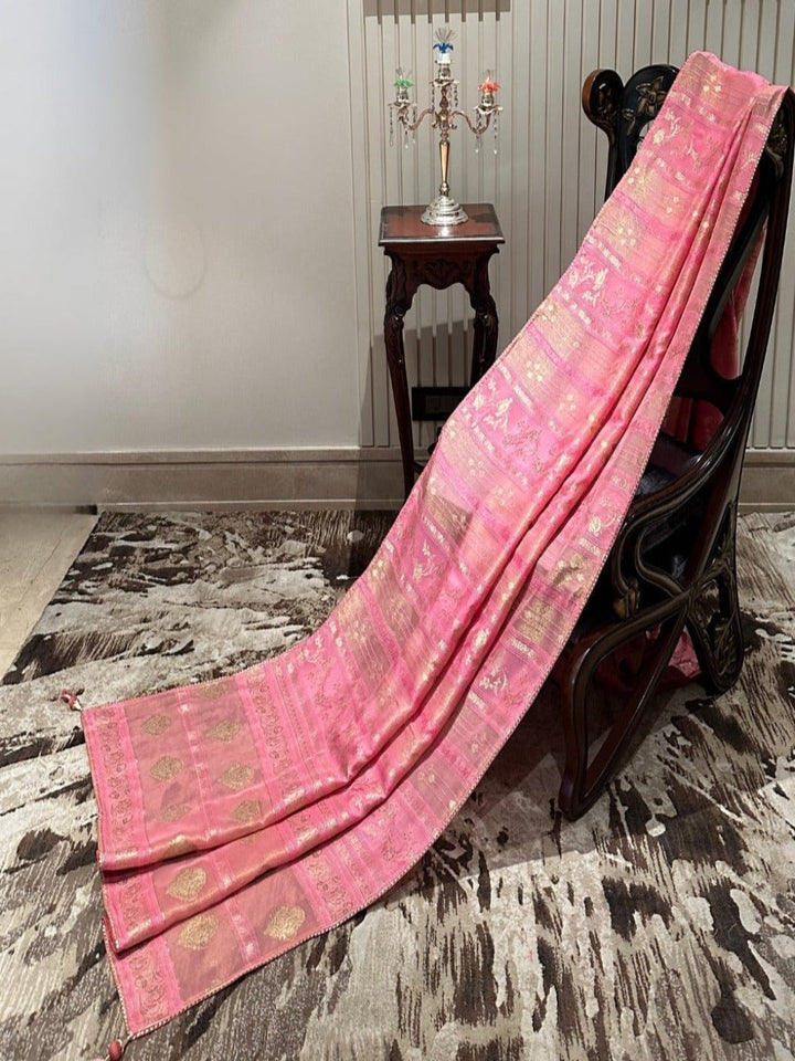 Elegant Pink Silk Saree with Golden Motifs