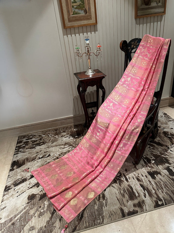 Elegant Pink Silk Saree with Golden Motifs