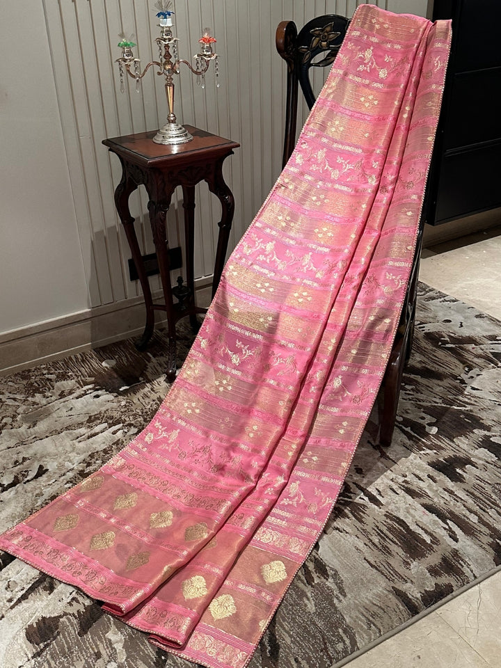 Elegant Pink Silk Saree with Golden Motifs