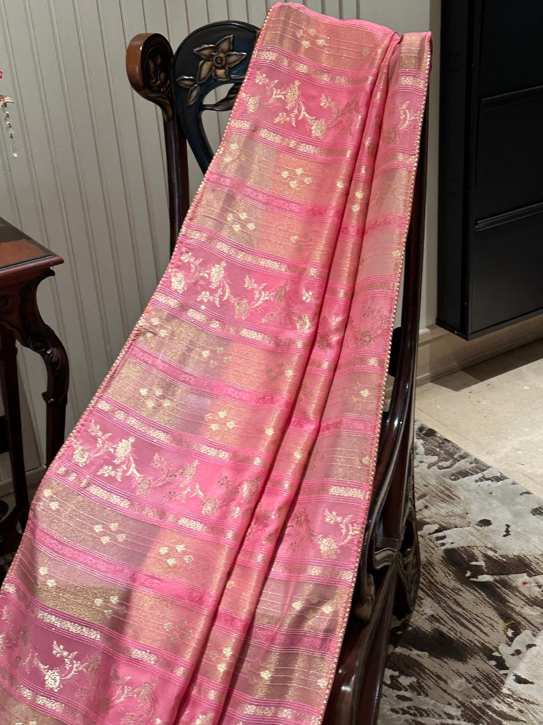 Elegant Pink Silk Saree with Golden Motifs