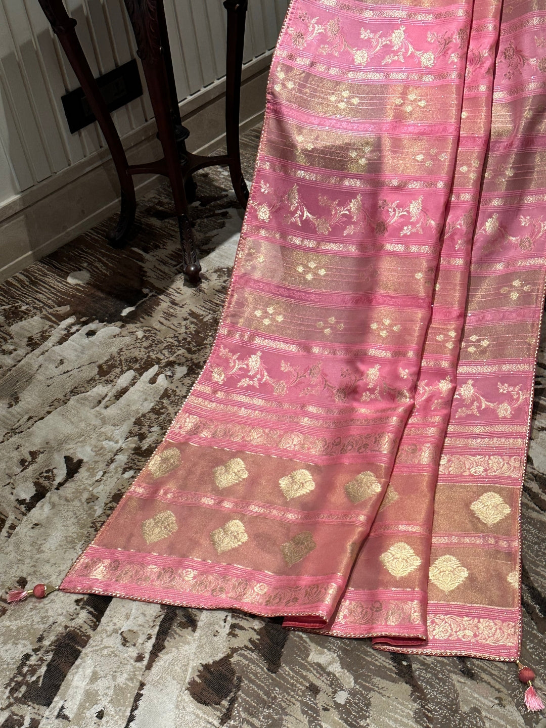 Elegant Pink Silk Saree with Golden Motifs
