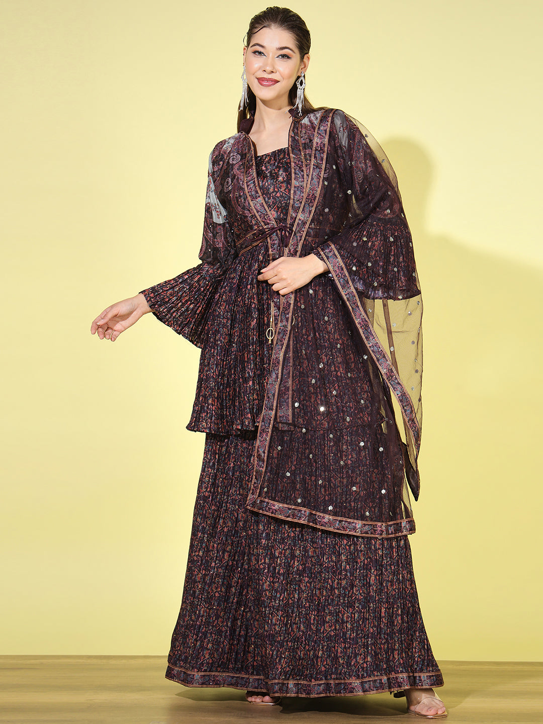 Burgundy Digital Print Pleats Crepe Silk Lehenga Choli Set with Jacket