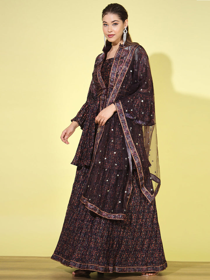 Burgundy Digital Print Pleats Crepe Silk Lehenga Choli Set with Jacket