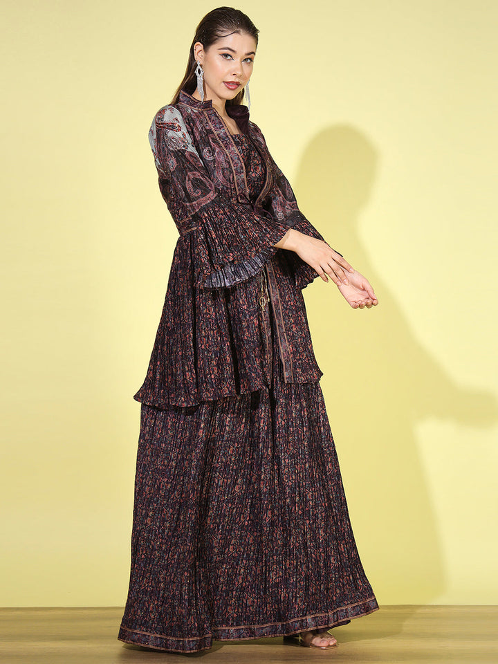 Burgundy Digital Print Pleats Crepe Silk Lehenga Choli Set with Jacket