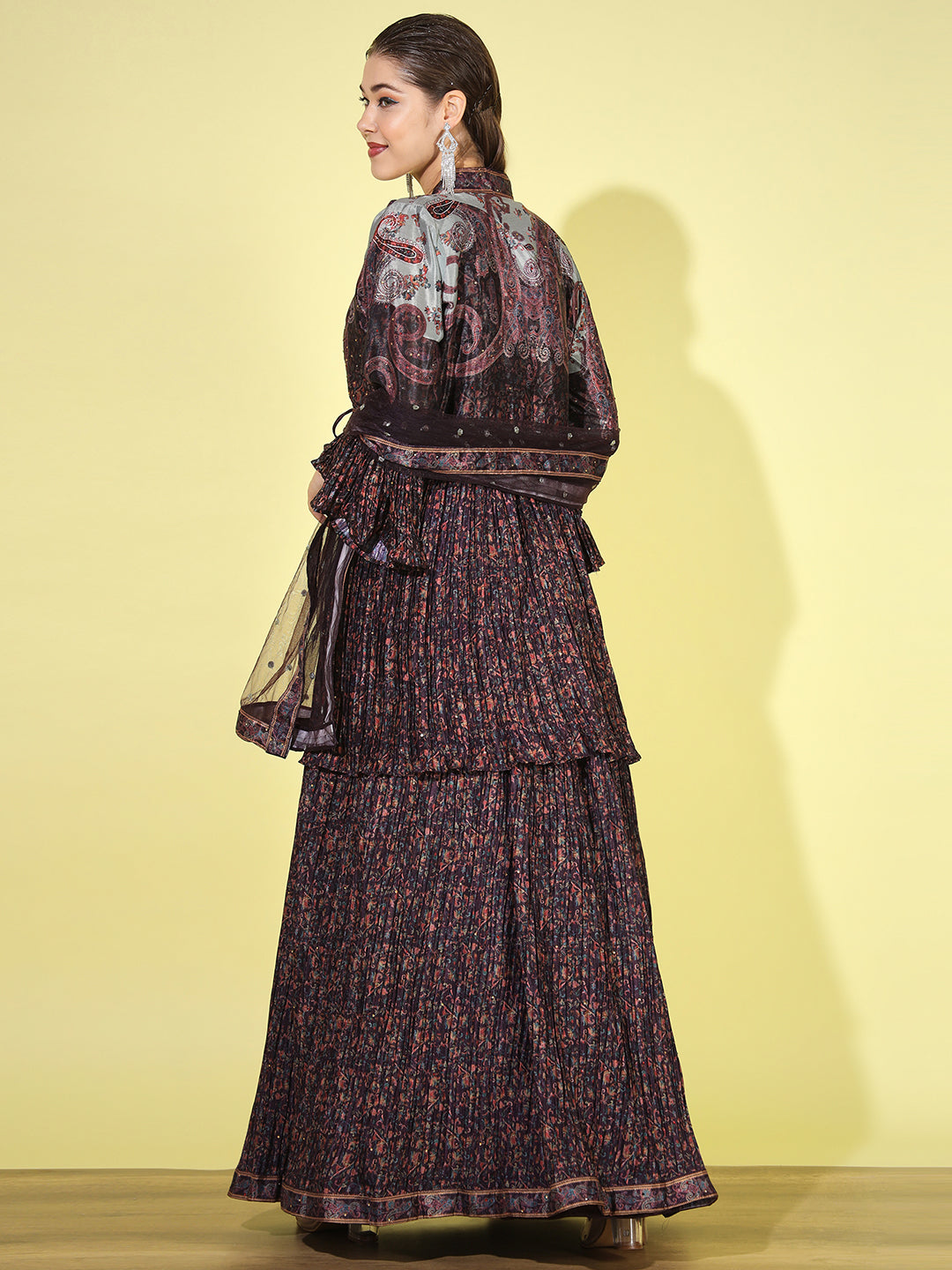 Burgundy Digital Print Pleats Crepe Silk Lehenga Choli Set with Jacket