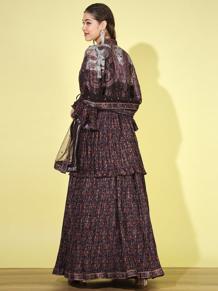 Burgundy Digital Print Pleats Crepe Silk Lehenga Choli Set with Jacket