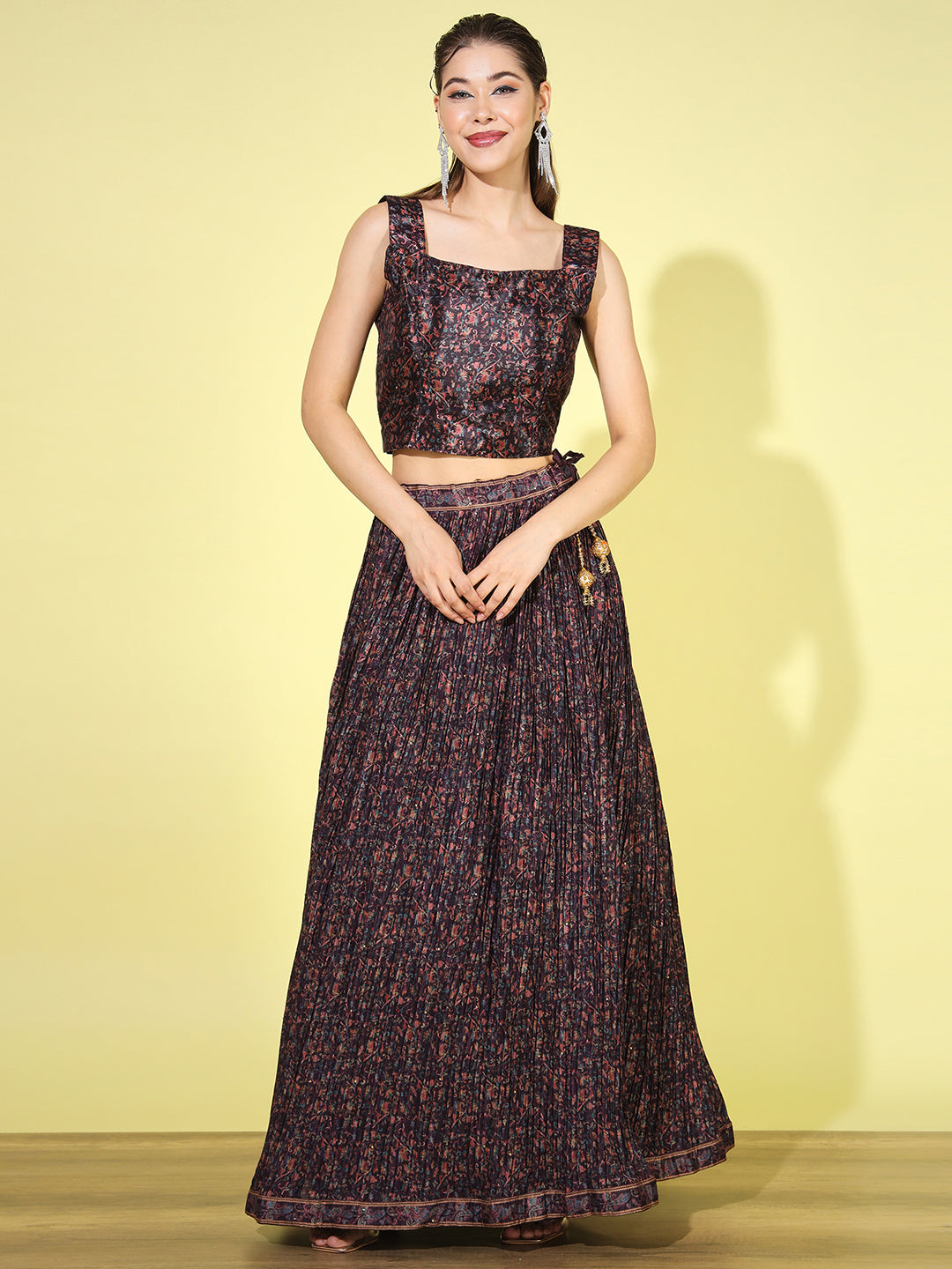 Burgundy Digital Print Pleats Crepe Silk Lehenga Choli Set with Jacket