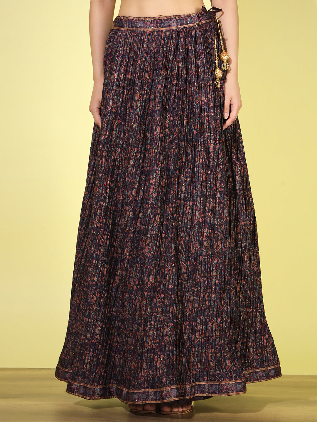 Burgundy Digital Print Pleats Crepe Silk Lehenga Choli Set with Jacket