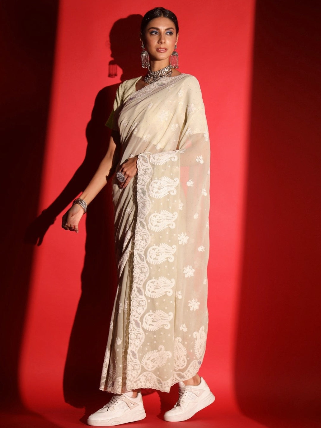 Pastel Resham Thread Embroidered & Crystal Embellished Saree