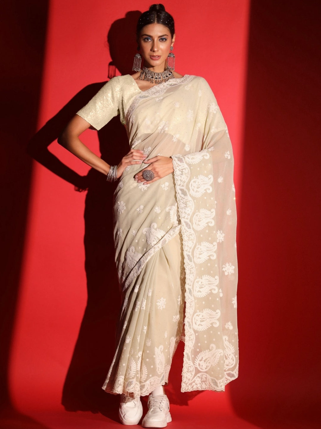 Pastel Resham Thread Embroidered & Crystal Embellished Saree