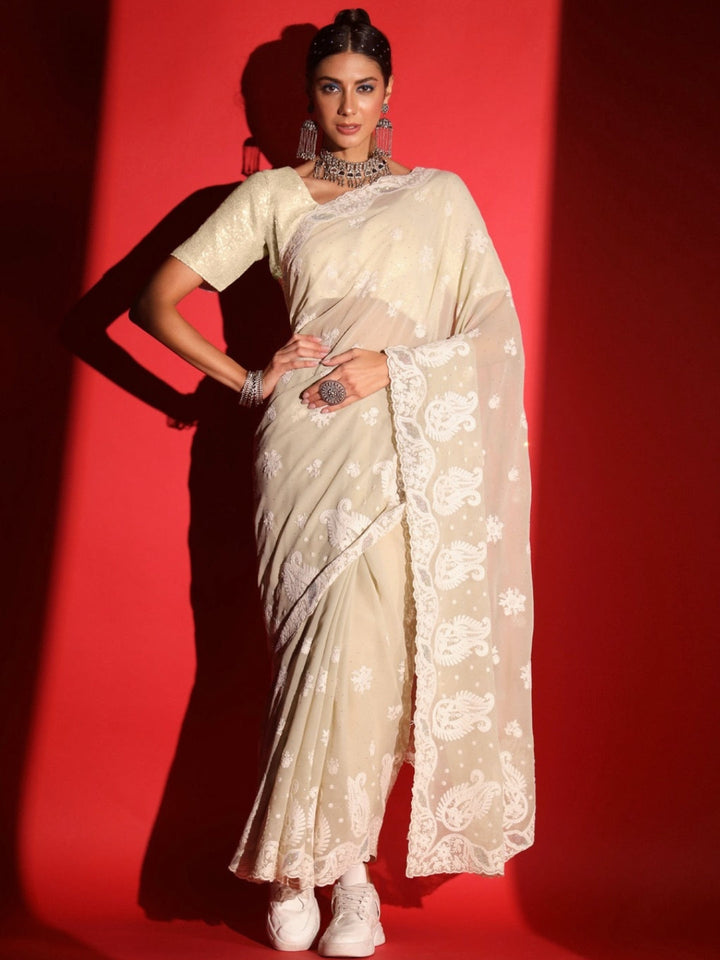 Pastel Resham Thread Embroidered & Crystal Embellished Saree
