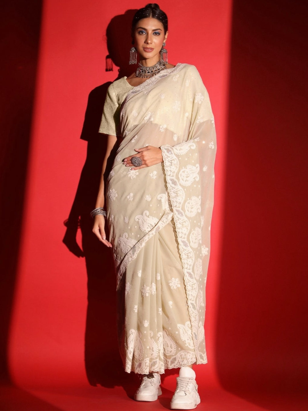 Pastel Resham Thread Embroidered & Crystal Embellished Saree