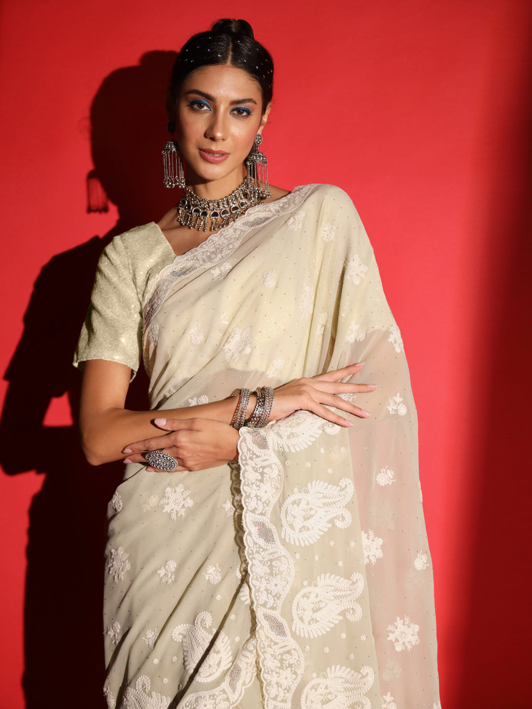 Pastel Resham Thread Embroidered & Crystal Embellished Saree