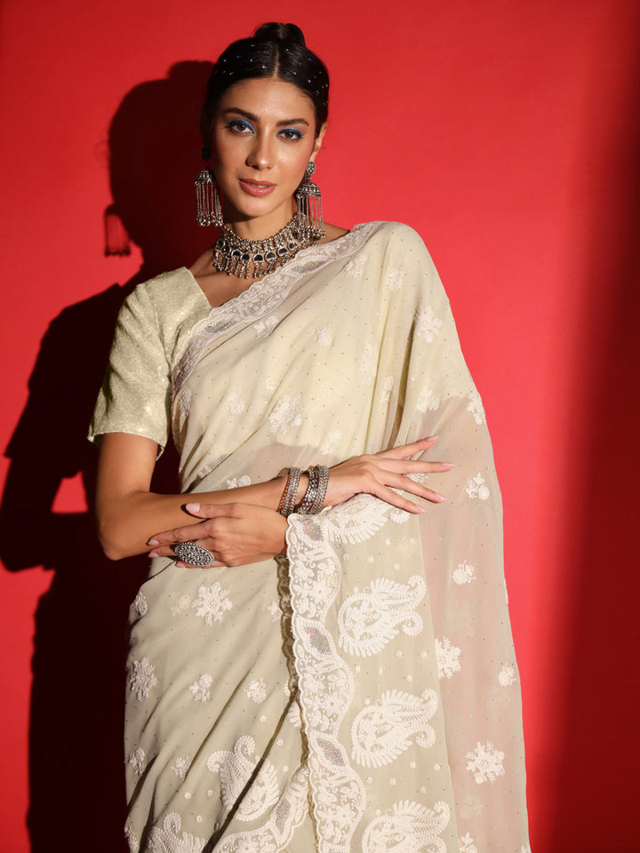 Pastel Resham Thread Embroidered & Crystal Embellished Saree