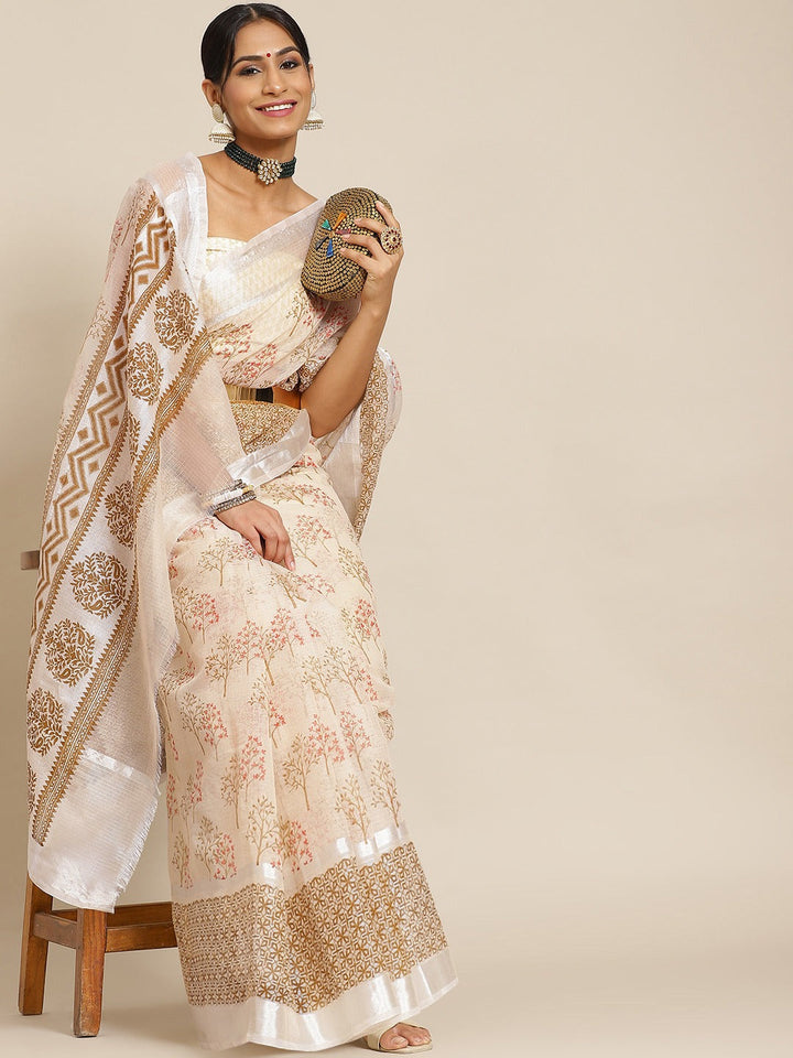 Cream Printed Kota Cotton Saree with Traditional Floral Prints