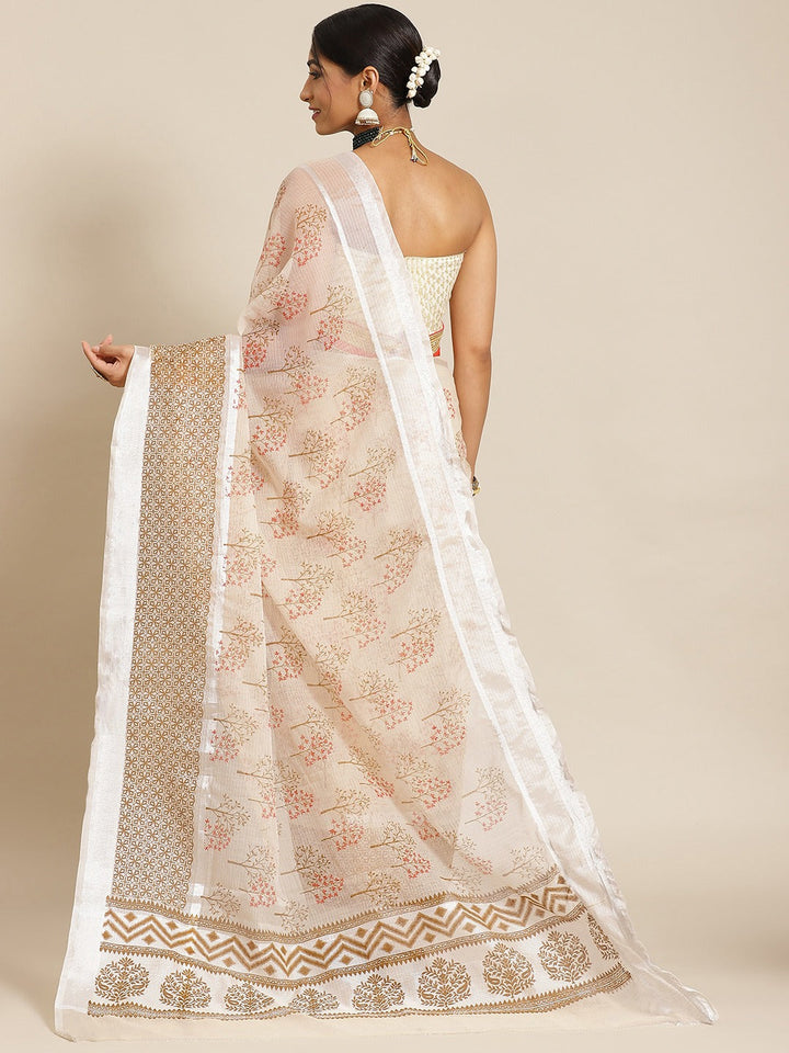 Cream Printed Kota Cotton Saree with Traditional Floral Prints