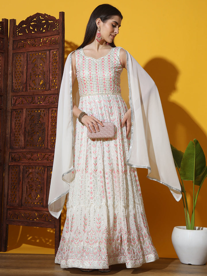White Multicolor Resham Embroidered Georgette Anarkali Gown