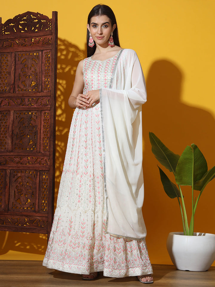 White Multicolor Resham Embroidered Georgette Anarkali Gown