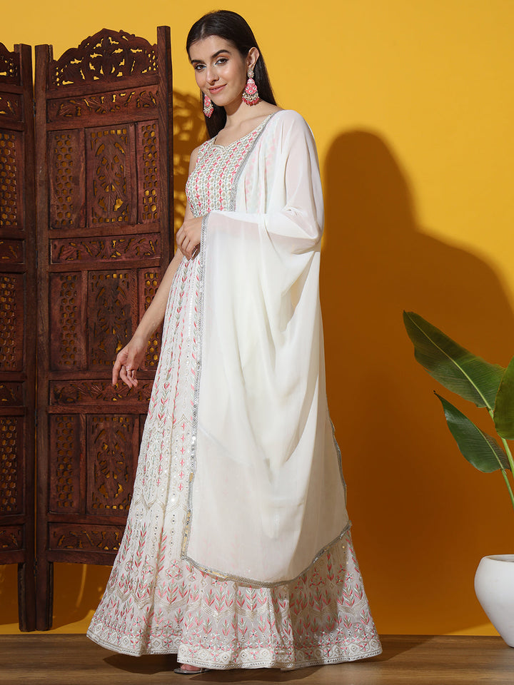 White Multicolor Resham Embroidered Georgette Anarkali Gown