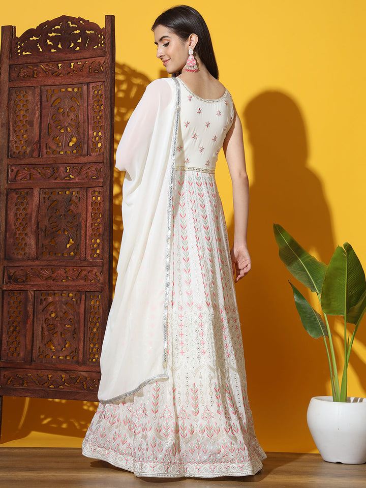 White Multicolor Resham Embroidered Georgette Anarkali Gown