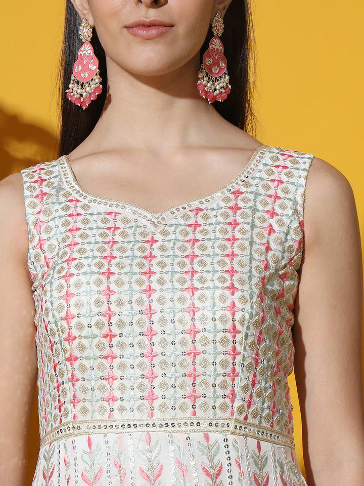 White Multicolor Resham Embroidered Georgette Anarkali Gown