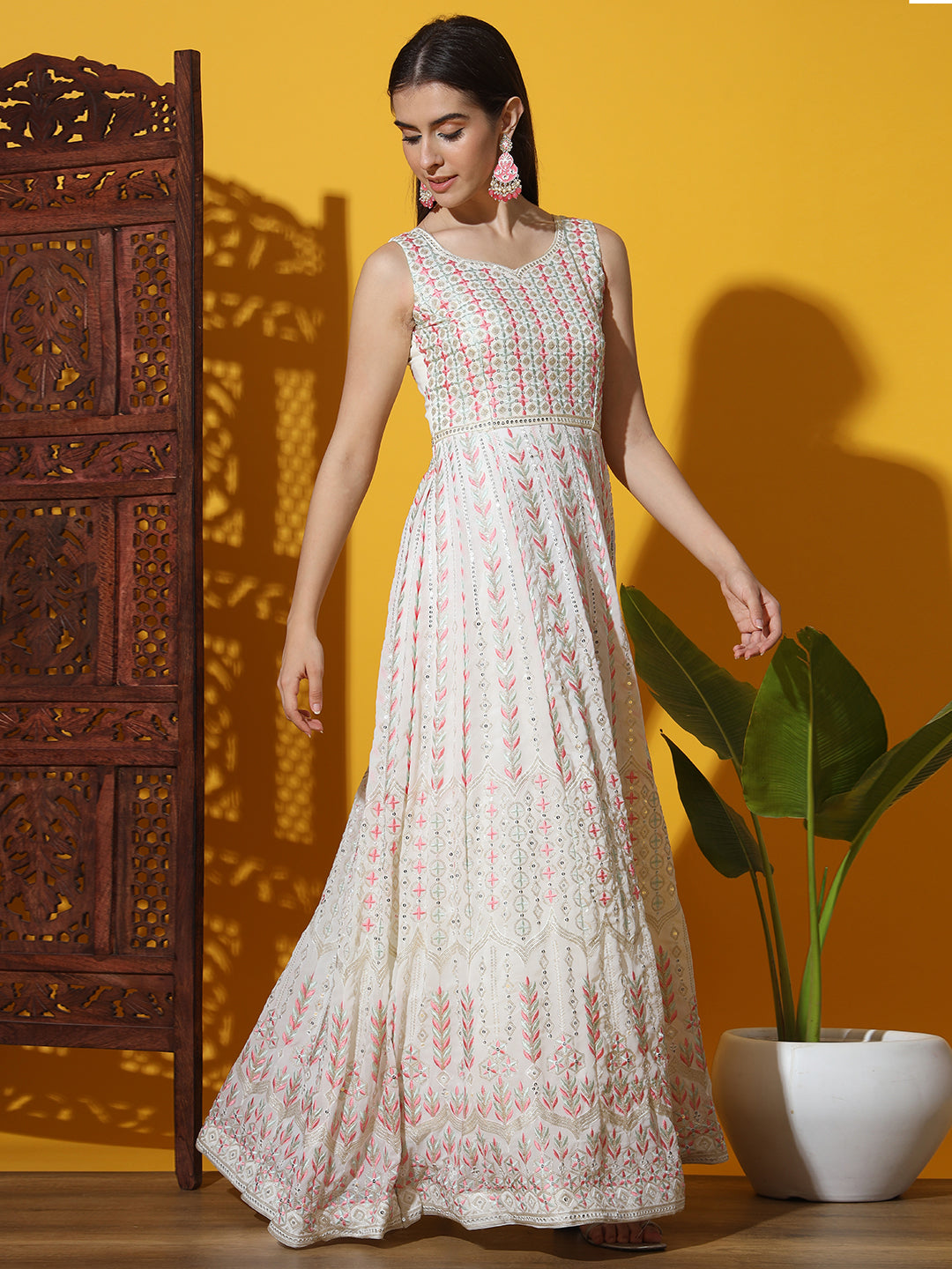 White Multicolor Resham Embroidered Georgette Anarkali Gown