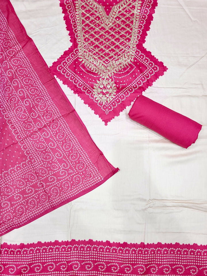 Bandhanl Print Dress Material with Zari Embroidered Neckline & Contrast Cream kurta