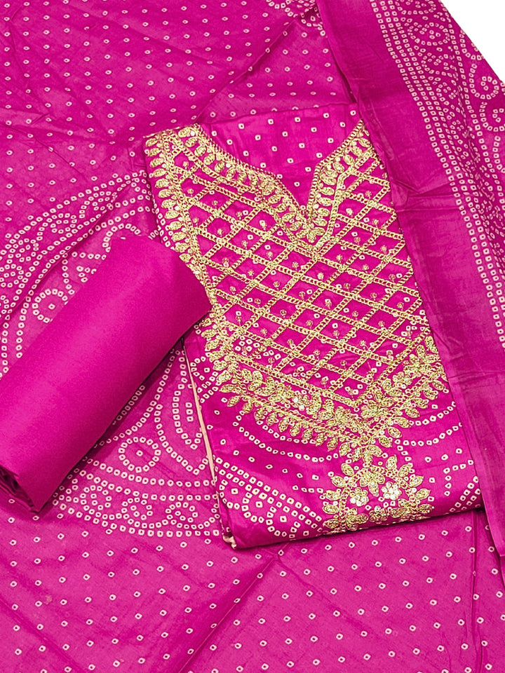 Bandhanl Print Dress Material with Zari Embroidered Neckline & Contrast Cream kurta