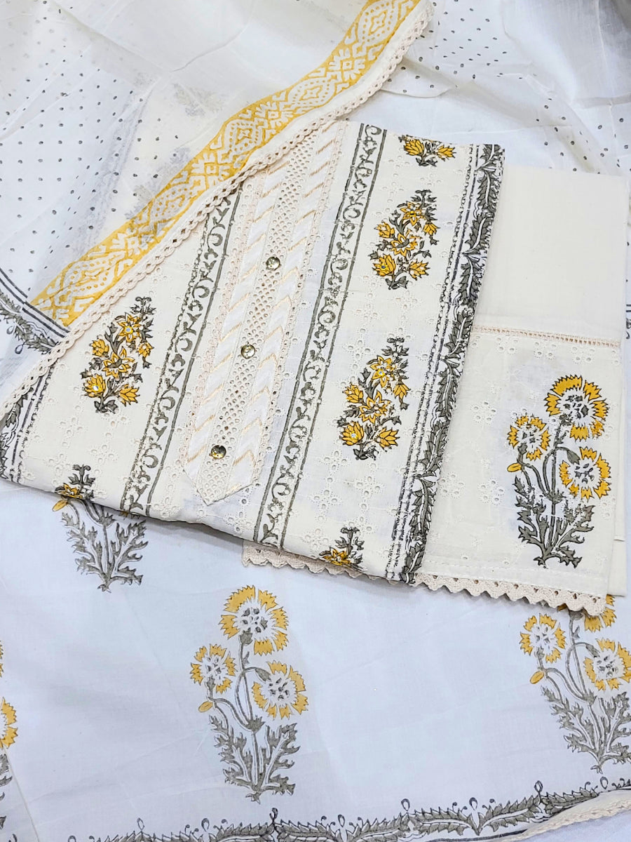 Chikankari Embroidery Unstitched Cotton Suit Dupatta Set with Block Print Floral Motifs