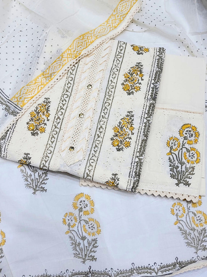 Chikankari Embroidery Unstitched Cotton Suit Dupatta Set with Block Print Floral Motifs