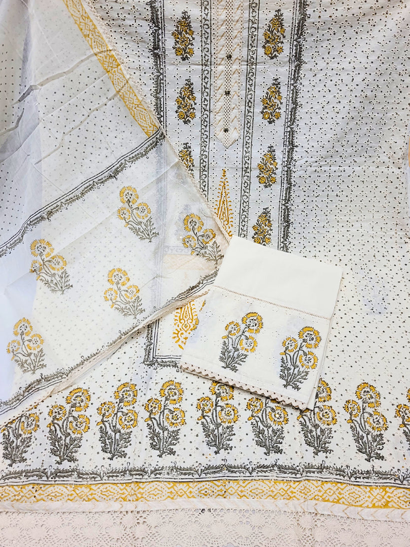 Chikankari Embroidery Unstitched Cotton Suit Dupatta Set with Block Print Floral Motifs