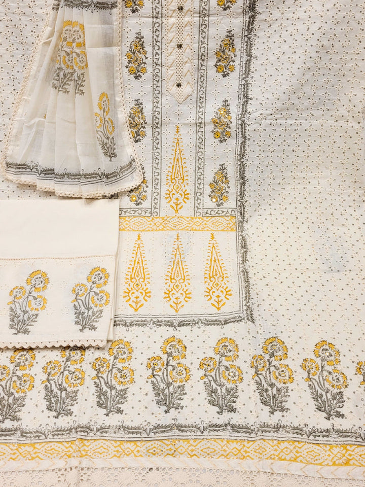 Chikankari Embroidery Unstitched Cotton Suit Dupatta Set with Block Print Floral Motifs
