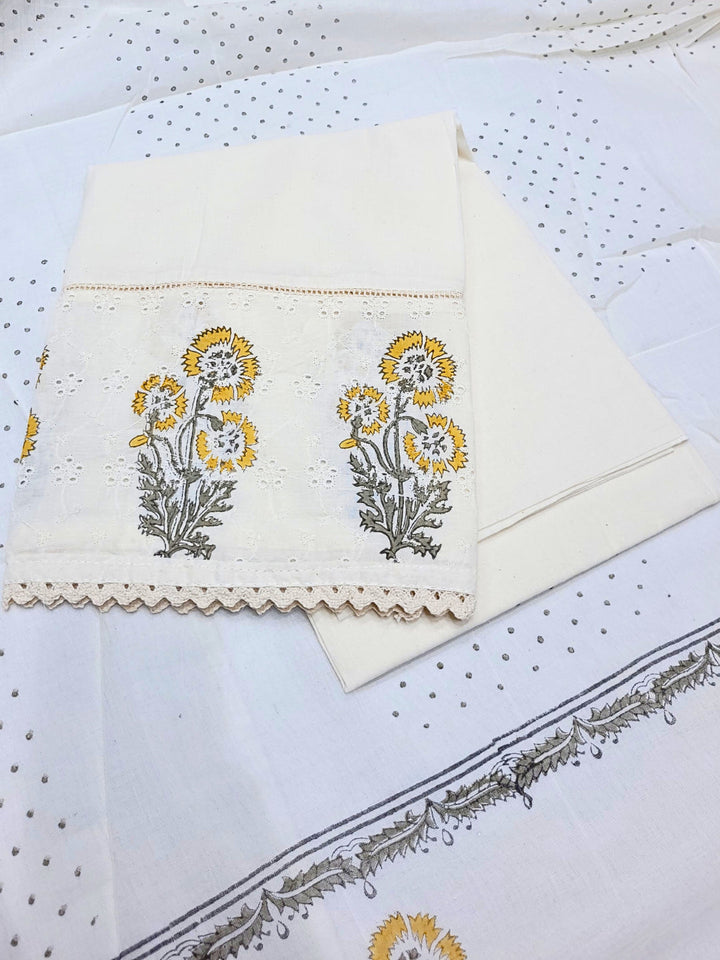 Chikankari Embroidery Unstitched Cotton Suit Dupatta Set with Block Print Floral Motifs