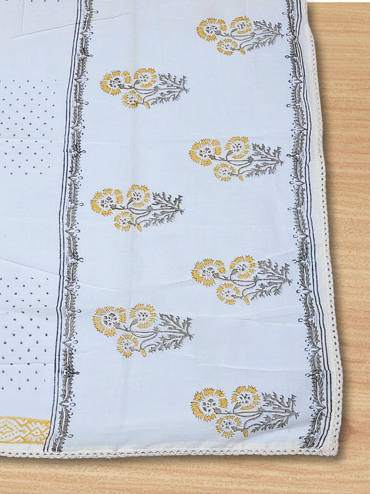 Chikankari Embroidery Unstitched Cotton Suit Dupatta Set with Block Print Floral Motifs