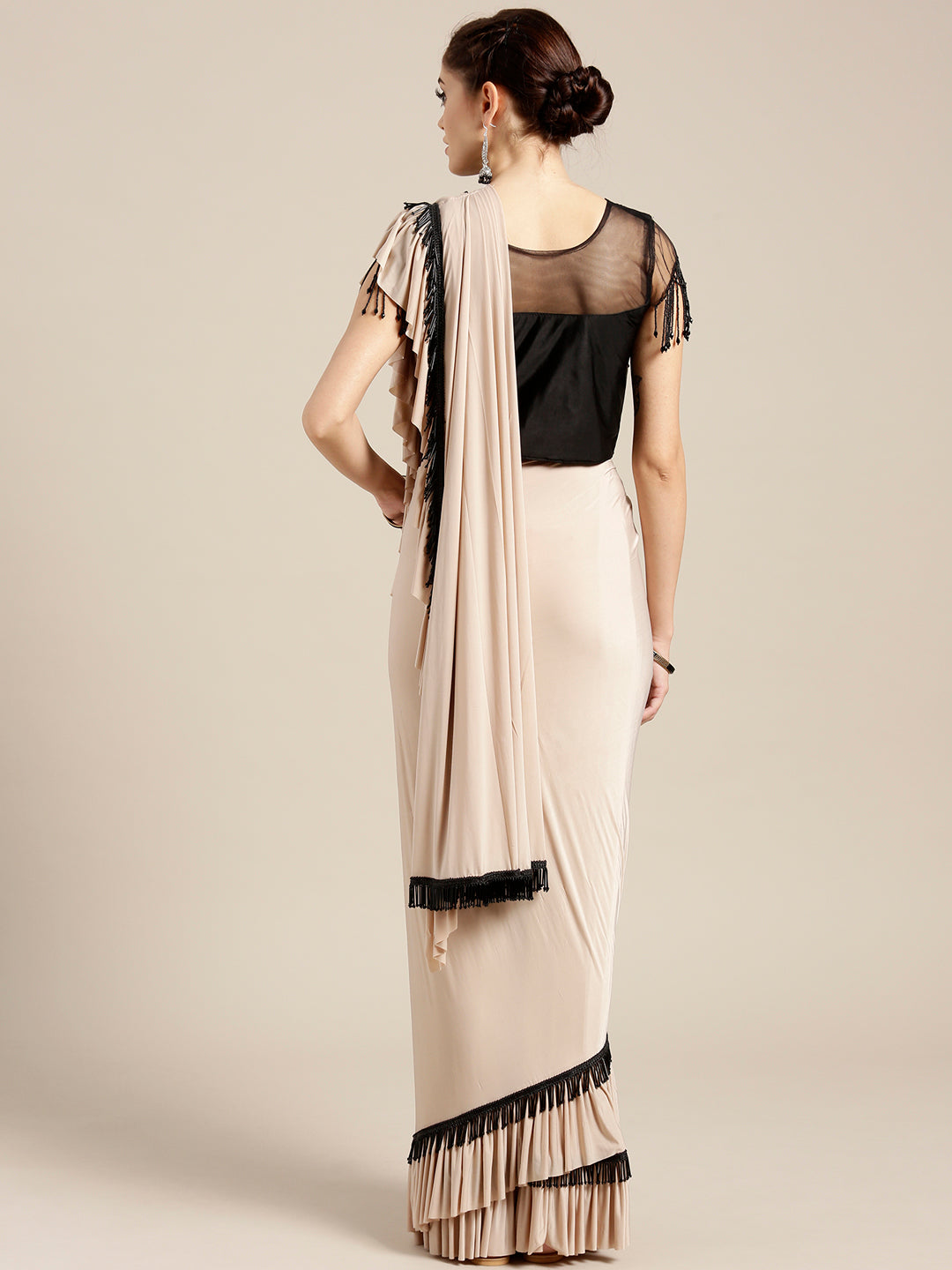 Draped Ruffled Pre-stitched Saree with Tassled Sequin Embellished Blouse